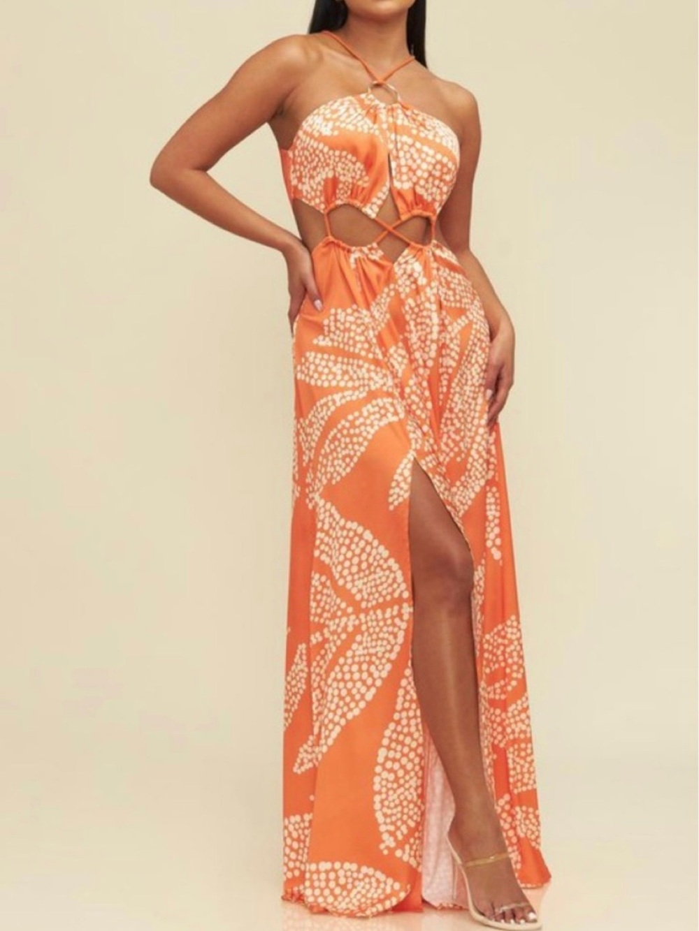 Orange and White Halter Cutout Maxi Dress